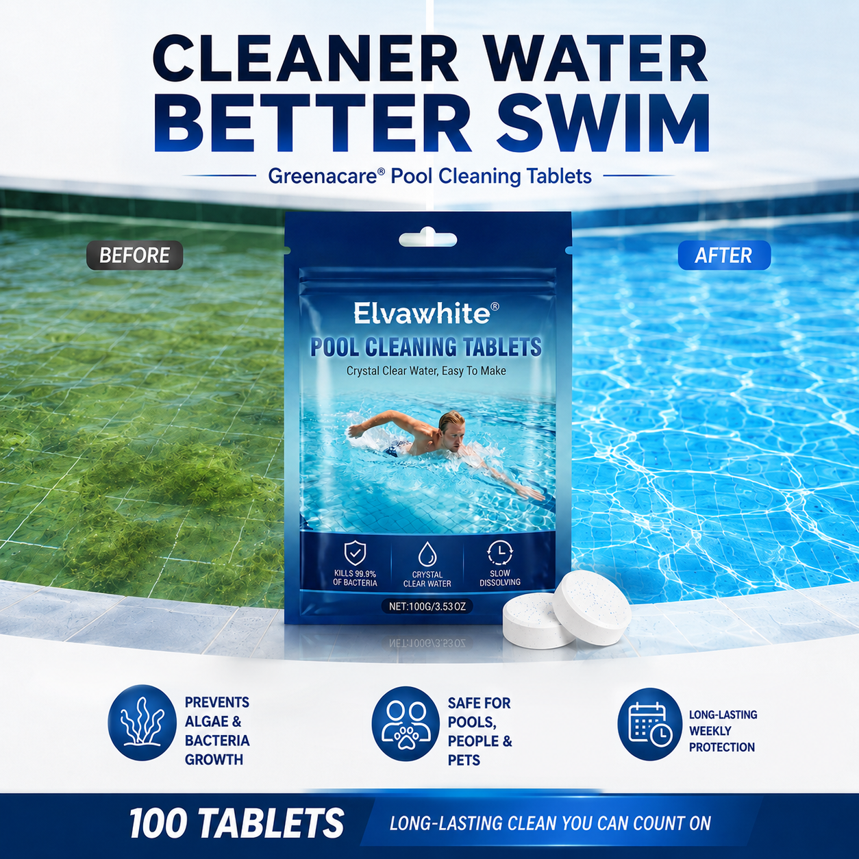 💥Hot Sale🏊‍♂️Elvawhite® 2026 Next-Gen Pool Cleaning Tablets for Crystal Clear Water
